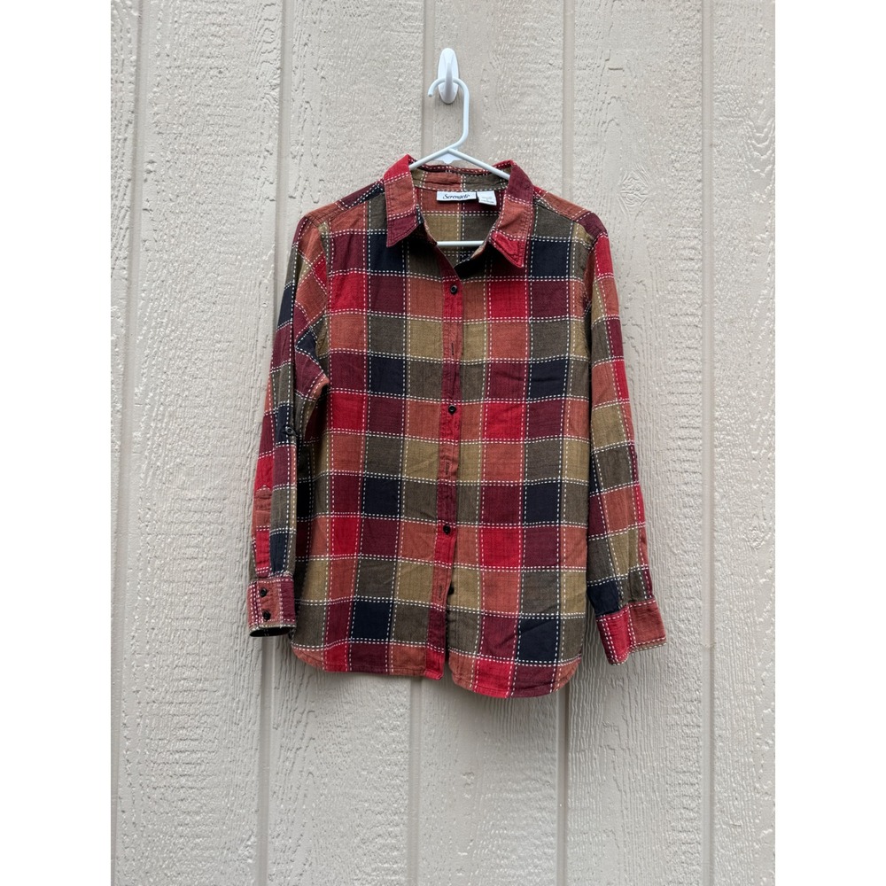 Serengeti Large Plaid Button Down Cabin Rustic 100% Cotton Topstitching